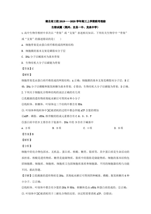 【解析版】湖北省荆州中学、宜昌一中、龙泉中学三校2020届高三上学期联考理综生物试题