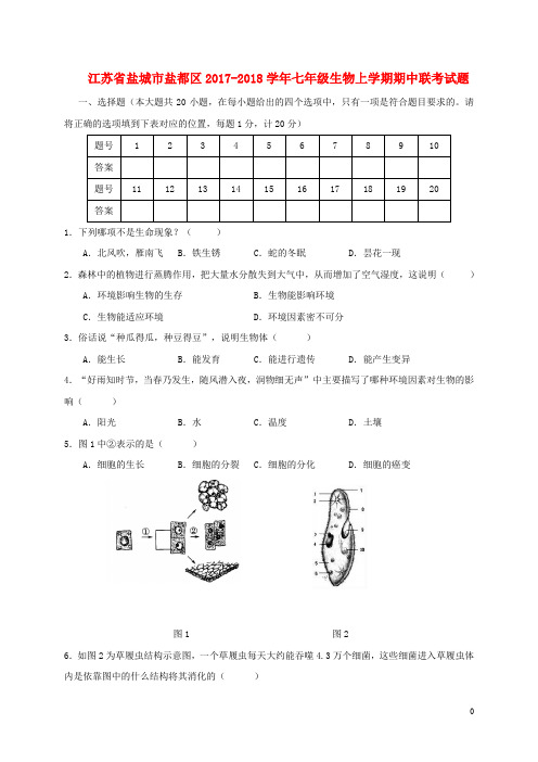 江苏省盐城市盐都区七年级生物上学期期中联考试题