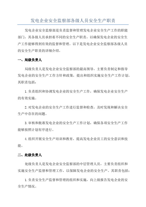 发电企业安全监察部各级人员安全生产职责