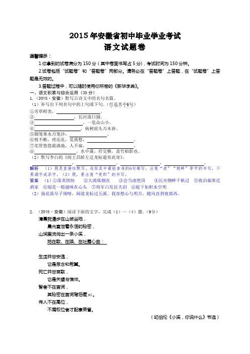 2015年安徽省中考真题-语文(解析)讲解