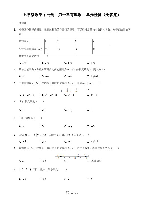 人教版七年级数学上册：第一章 有理数  单元检测(无答案)