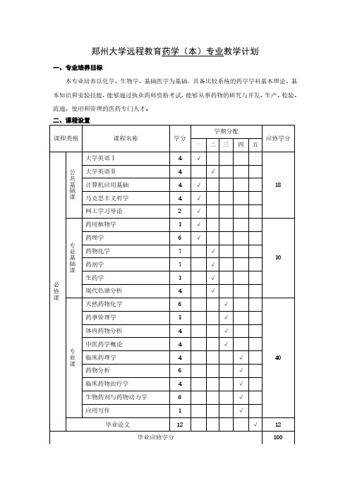 郑州大学远程教育药学(本)专业教学计划