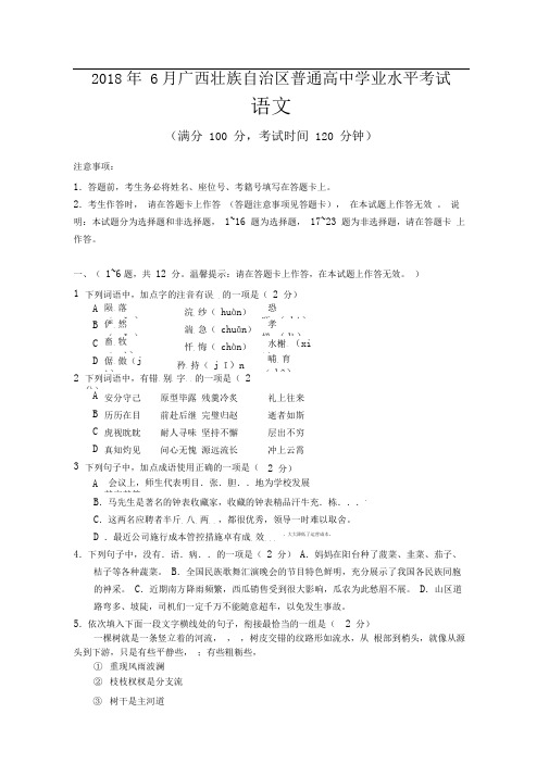 广西壮族自治区普通高中2018年6月学业水平考试语文试题含答案-广西2018年学考语文