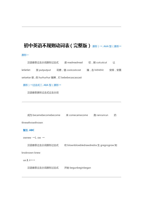 完整word版初中英语不规则动词表完整版