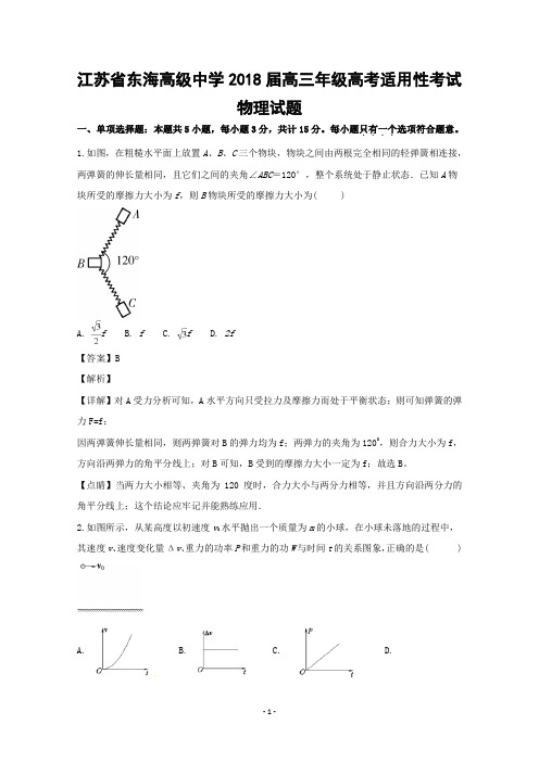 江苏省东海高级中学2018届高三高考适用性考试物理试题+Word版含解析