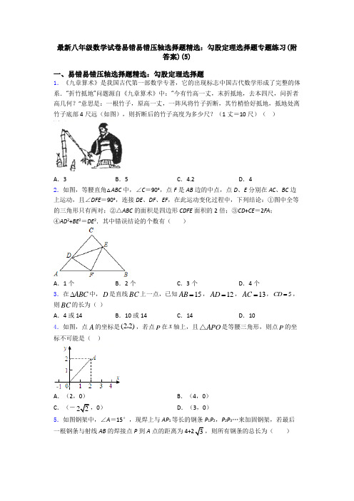 最新八年级数学试卷易错易错压轴选择题精选：勾股定理选择题专题练习(附答案)(5)