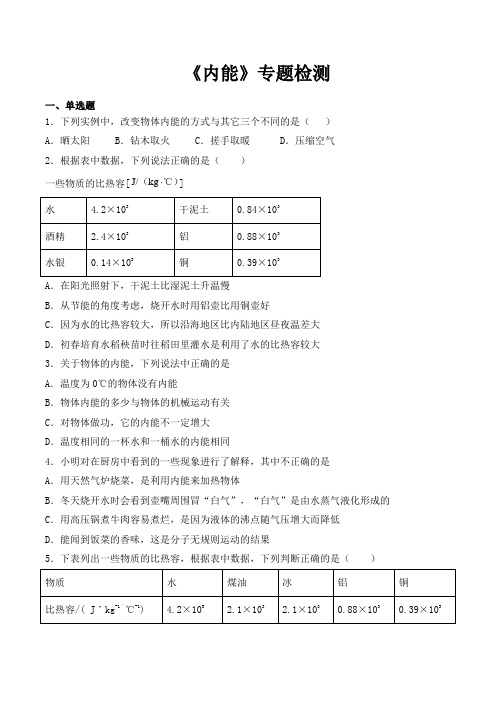 人教版初中物理2020中考复习专题《内能》专题检测(含答案)