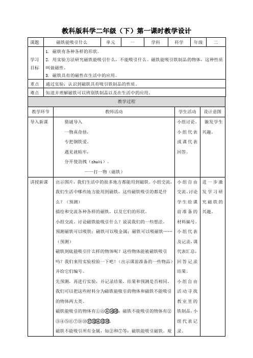 二年级下册科学教案 -磁铁能吸引什么    教科版