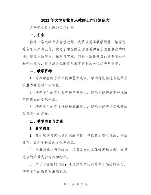 2023年大学专业音乐教师工作计划范文