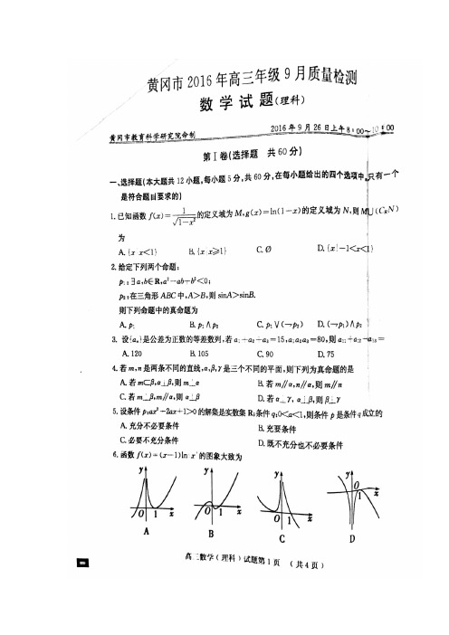 湖北省黄冈市2017届高三第一次调研考试数学(理)试题 扫描版含答案