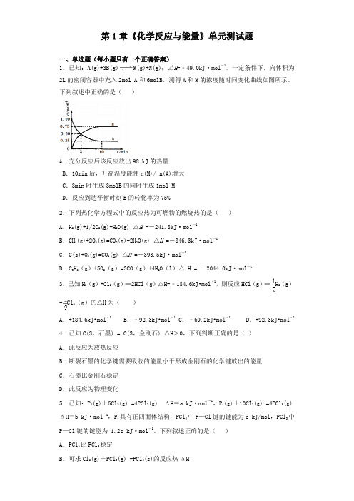 人教版高中化学选修四第1章《化学反应与能量》单元测试题(含答案)