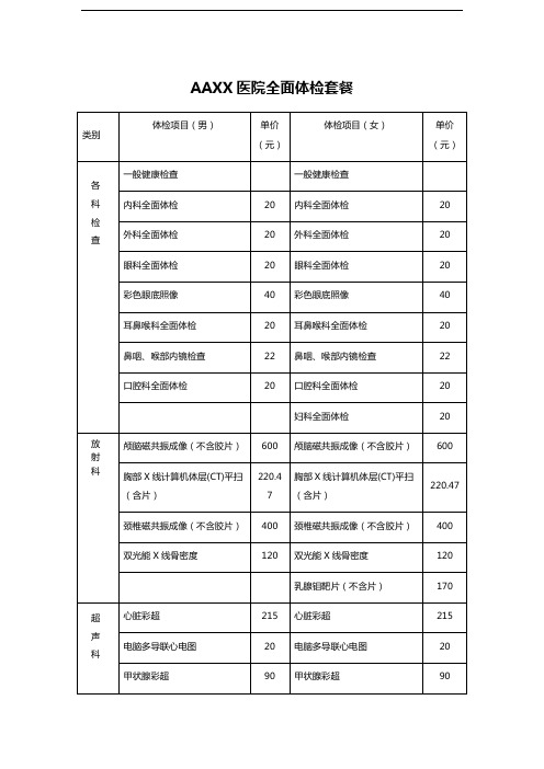 AAXX医院全面体检套餐