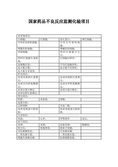 2013年新版国家药品不良反应监测化验项目表