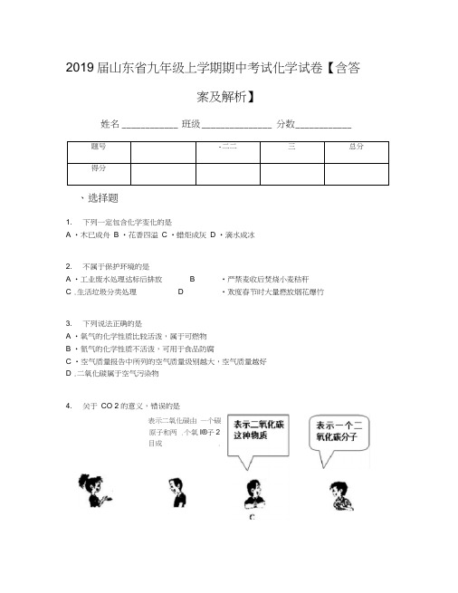 2019届山东省九年级上学期期中考试化学试卷【含答案及解析】