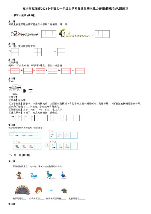 辽宁省辽阳市2024小学语文一年级上学期部编版期末能力评测(摸底卷)巩固练习