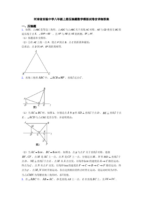 河南省实验中学八年级上册压轴题数学模拟试卷含详细答案