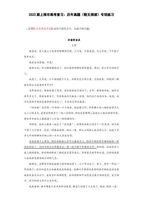 2023届上海市高考复习：历年真题(散文阅读)专项练习(附答案)