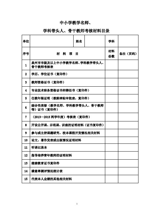 学科带头人、骨干教师考核材料目录