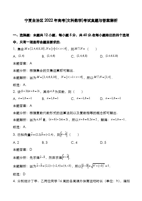 宁夏自治区2022年高考[文数]考试真题与答案解析