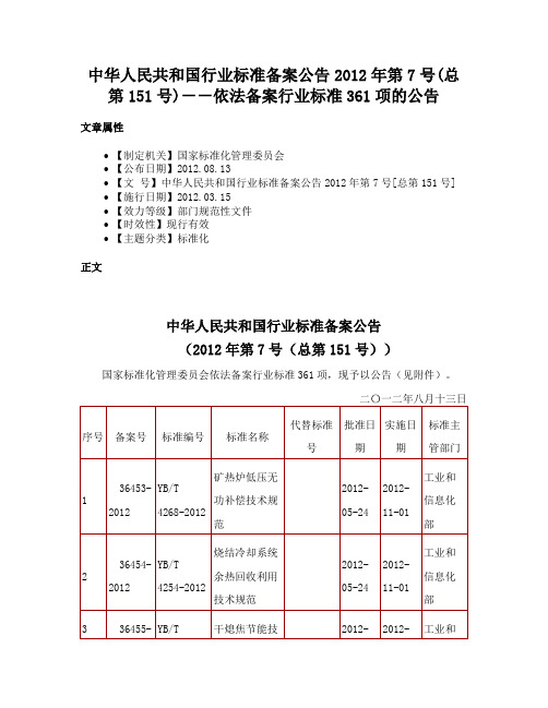 中华人民共和国行业标准备案公告2012年第7号(总第151号)－－依法备案行业标准361项的公告