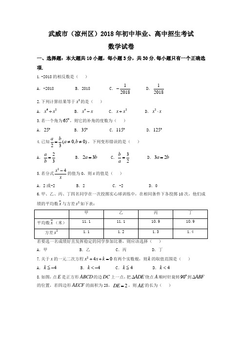 甘肃省武威市(凉州区)2018年中考数学试题(含答案)(精品)