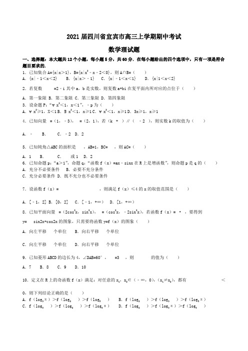 2021届四川省宜宾市高三上学期期中考试数学理试题Word版含解析