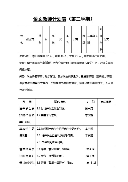 2016春张玉花教师行动计划表