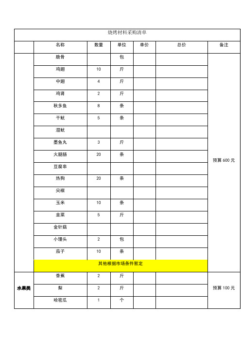 烧烤材料采购清单