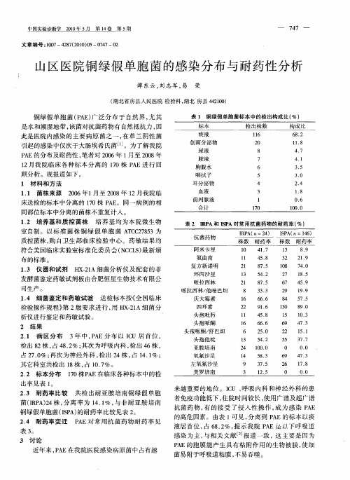 山区医院铜绿假单胞菌的感染分布与耐药性分析