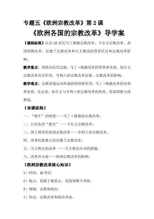 人民历史选修1专题五2.欧洲各国的宗教改革导学案设计(无答案)