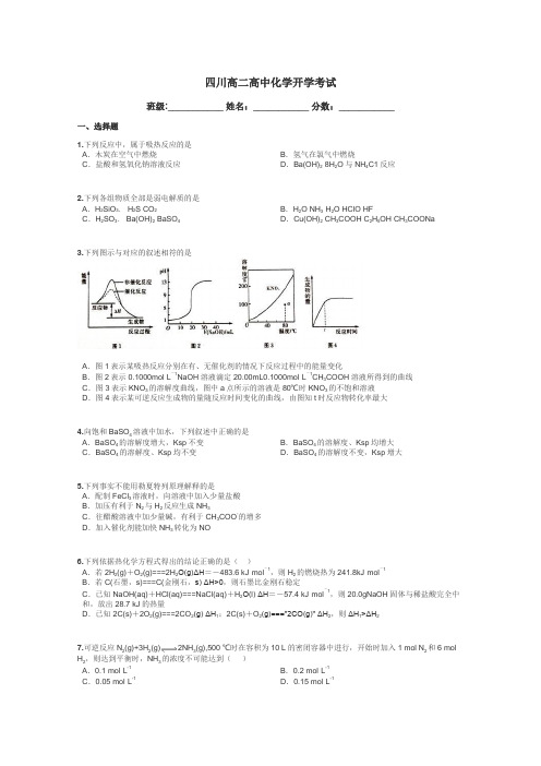 四川高二高中化学开学考试带答案解析
