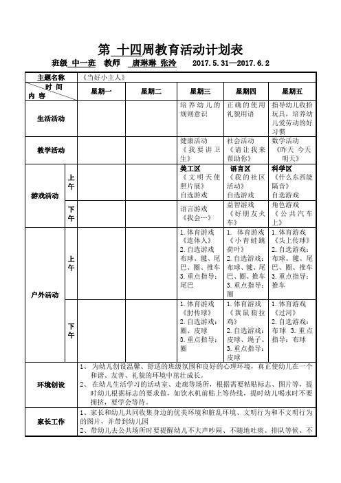 第十四周教育活动计划表