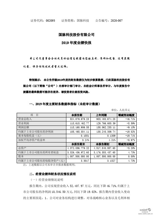 国脉科技：2019年度业绩快报