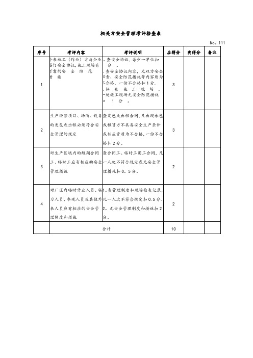 相关方安全管理考评检查表