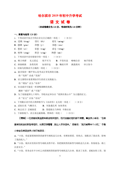 2019年黑龙江省哈尔滨市中考语文试题及参考答案(word解析版)