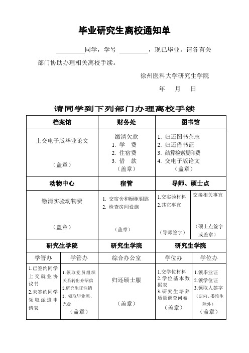 毕业研究生离校通知单