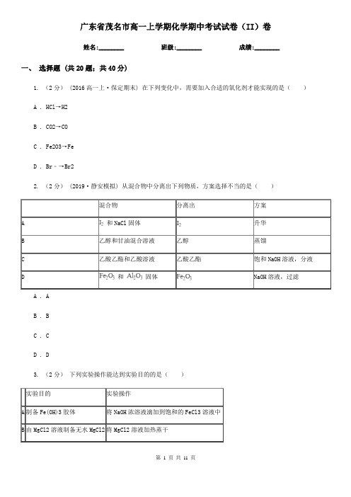 广东省茂名市高一上学期化学期中考试试卷(II)卷(精编)