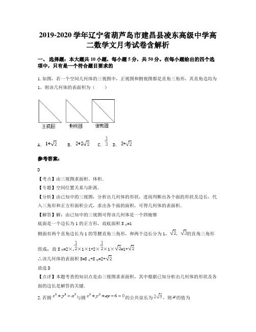 2019-2020学年辽宁省葫芦岛市建昌县凌东高级中学高二数学文月考试卷含解析