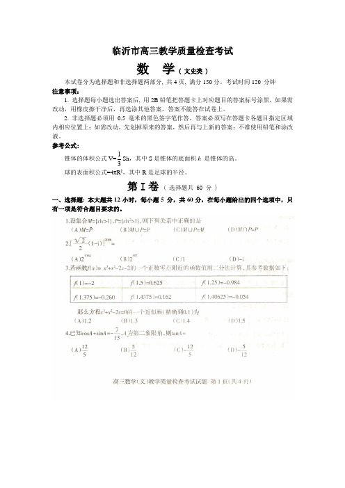 山东省临沂市高三数学一轮教学质量检查考试文科试题