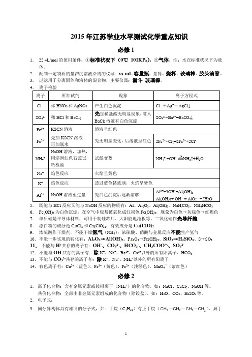 2014-2015学年江苏省响水中学高二学业水平测试化学重点知识总结word版 含答案