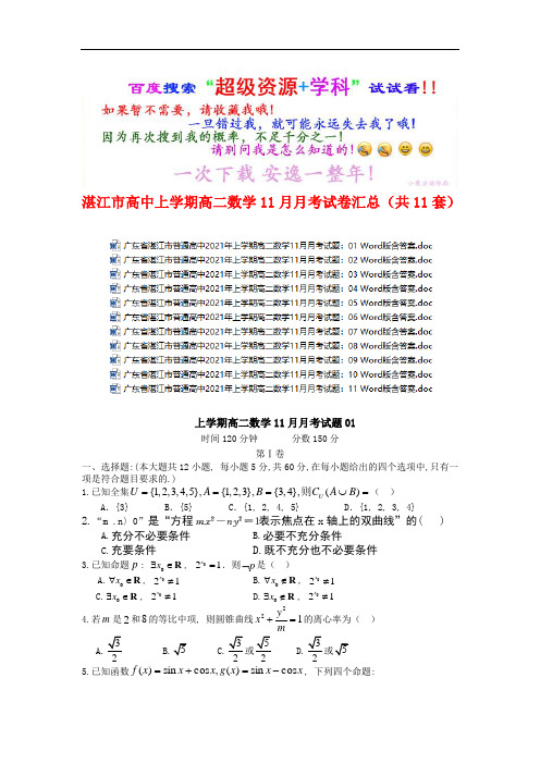 湛江市高中上学期高二数学11月月考试卷汇总【共11套)(全书完整版)