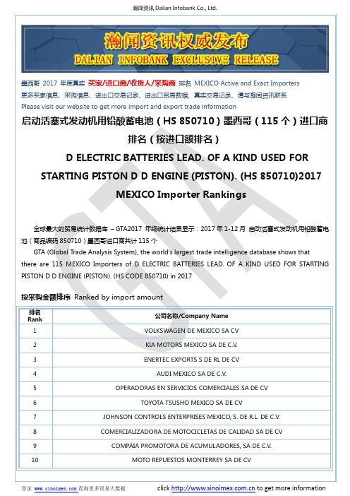 启动活塞式发动机用铅酸蓄电池(HS 850710)2017 墨西哥(115个)进口