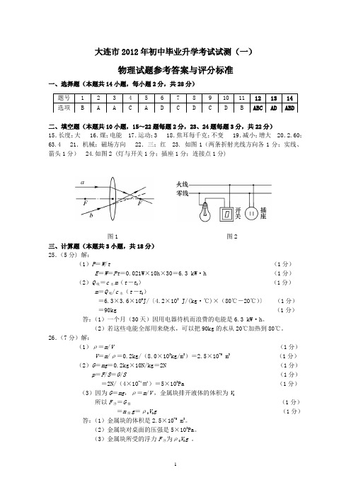 2012年5月 大连市一模物理答案