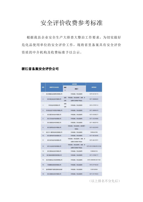 安全评价收费参考标准