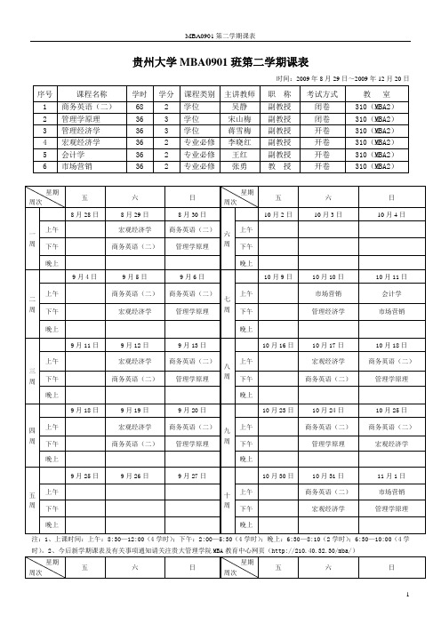 贵州大学MBA0901班第二学期课表