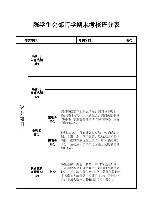 院学生会部门学期末考核评分表