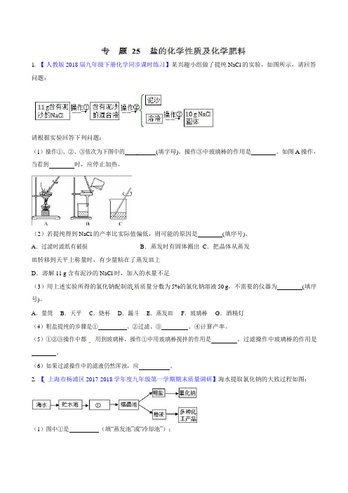 中考化学专题训练25  化学肥料及粗盐的提纯(原卷版)