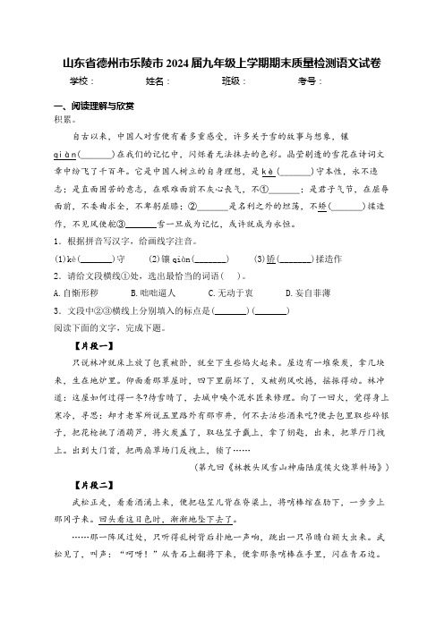 山东省德州市乐陵市2024届九年级上学期期末质量检测语文试卷(含答案)