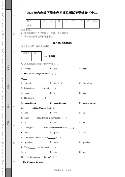 2020年六年级下册小升初模拟测试英语试卷(十二)