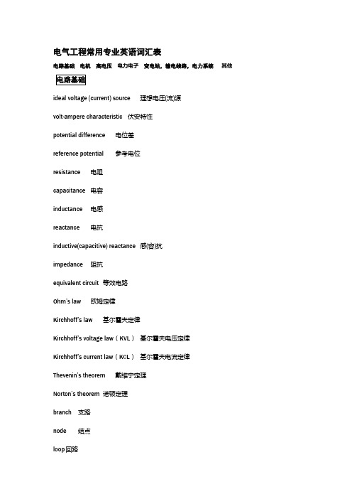 电气工程常用专业英语词汇表资料